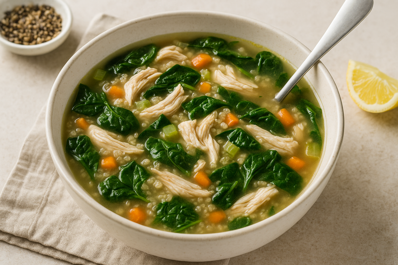 High-Protein Chicken, Quinoa and Spinach Soup — chicken quinoa soup