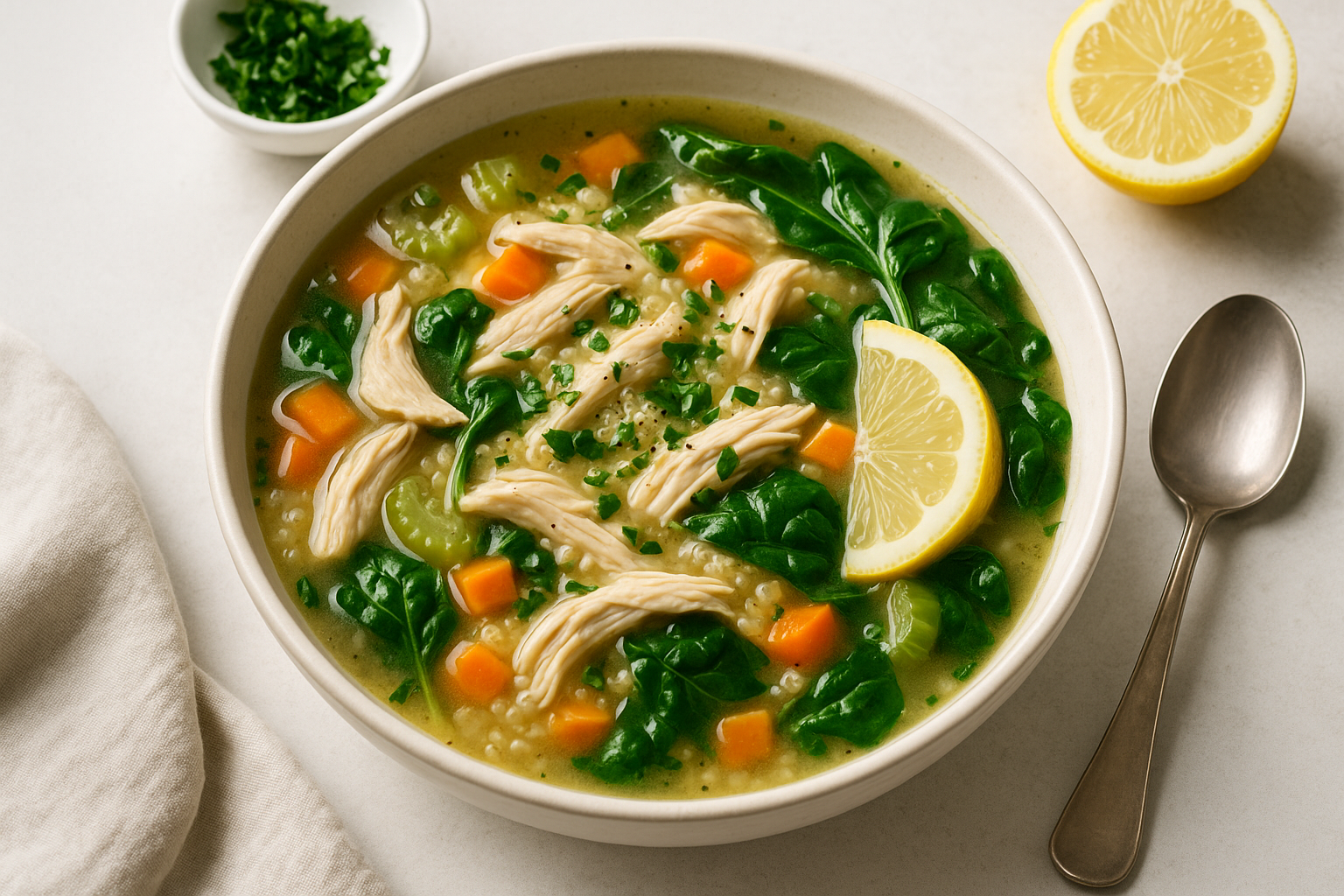 Chicken Quinoa Soup with Lemon and Spinach