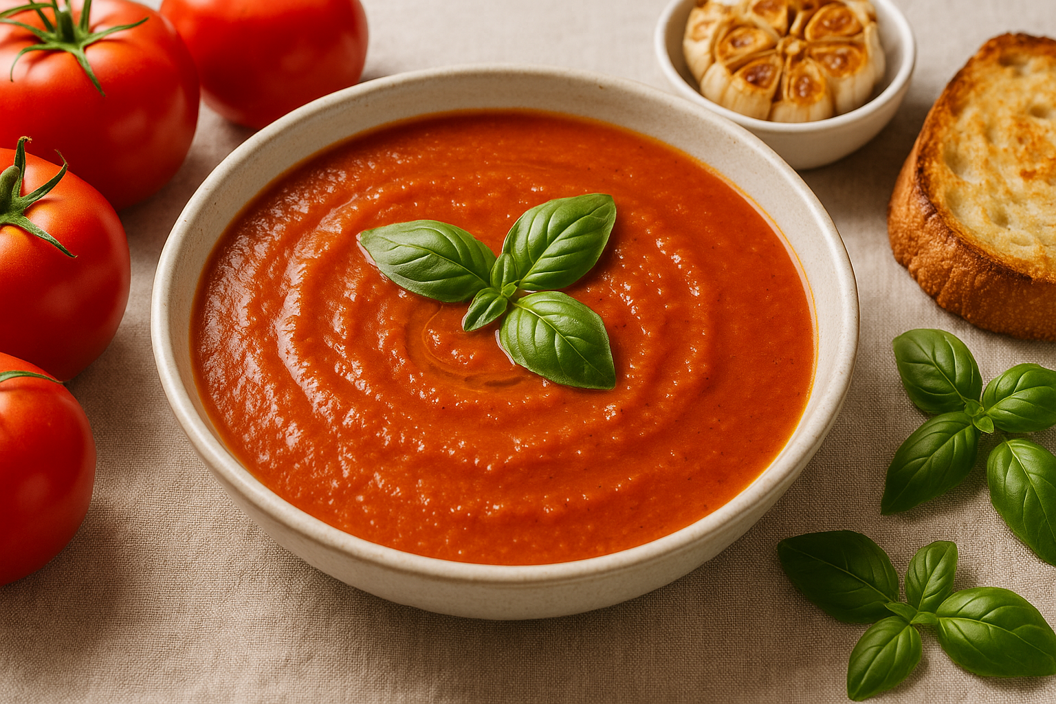 Fresh Tomato Soup with Roasted Garlic and Basil