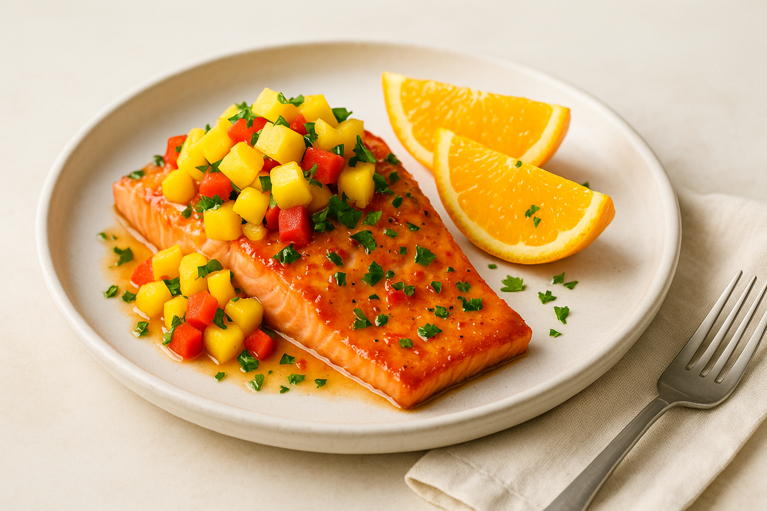 Baked Orange-Glazed Salmon with Mango, Garlic & Herbs