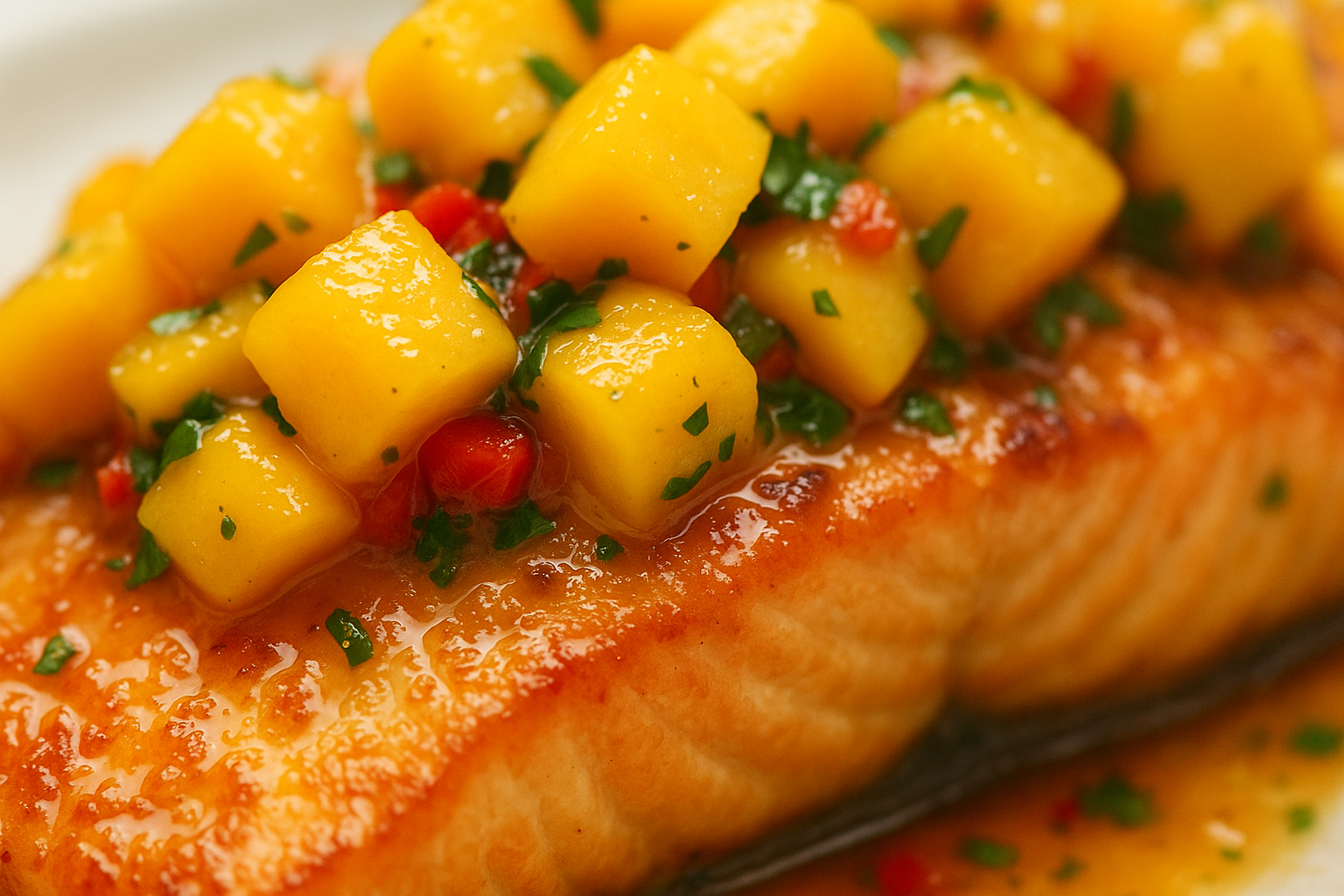 Baked Orange-Glazed Salmon with Mango, Garlic & Herbs — mango salmon